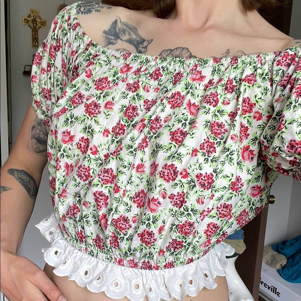 Batsheva Abby Blouse in Dotted Rose- White and Pink Puff Sleeve Smocked Blouse